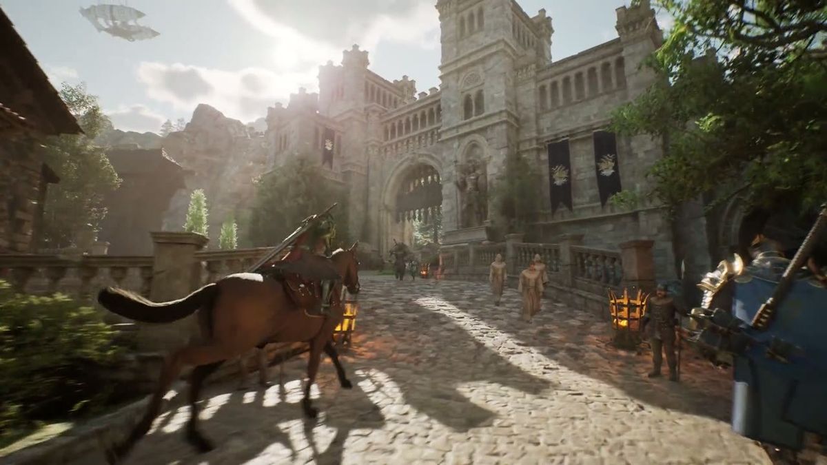 Official ArcheAge Chronicles trailer frame: armoured characters on a cobbled road in front of a castle