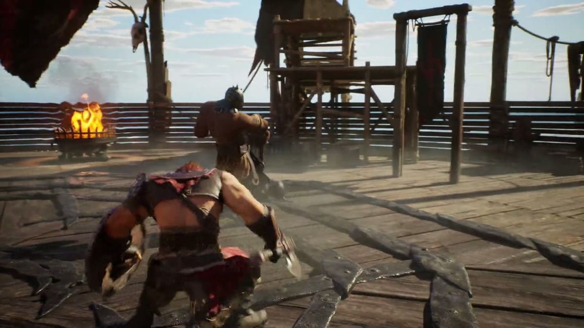 Official ArcheAge Chronicles trailer frame: two fighters duelling on a timber platform