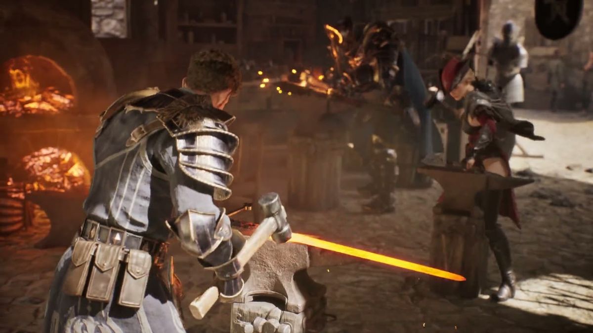 Official ArcheAge Chronicles trailer frame: a blade glowing on the anvil