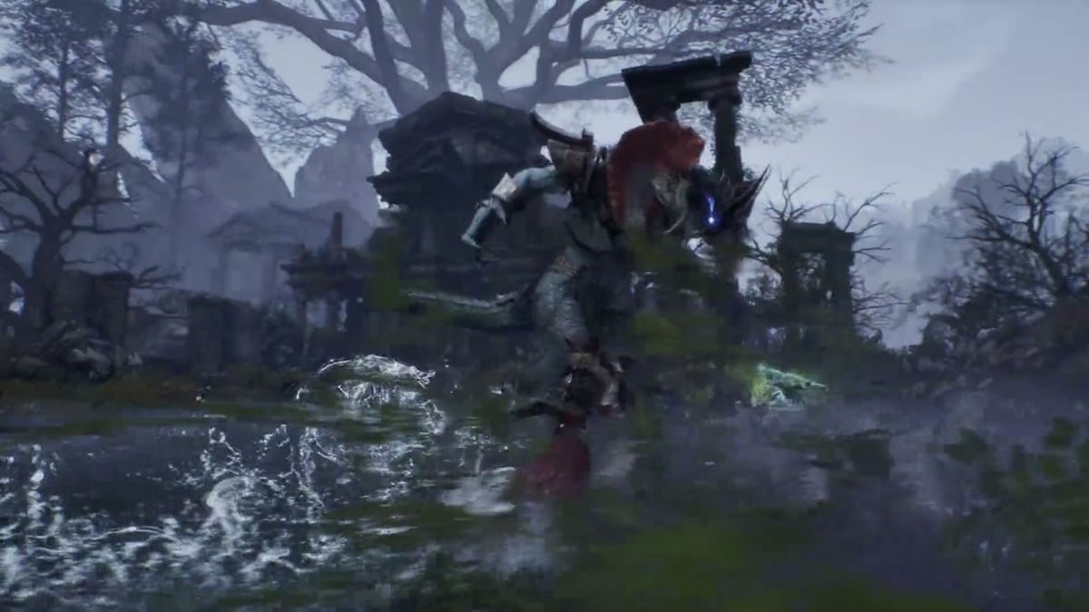 Official ArcheAge Chronicles trailer frame: a glowing rune-lit structure above shallow water