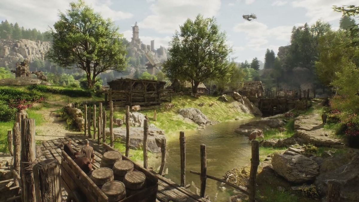 Official ArcheAge Chronicles trailer frame: a riverside village of timber houses