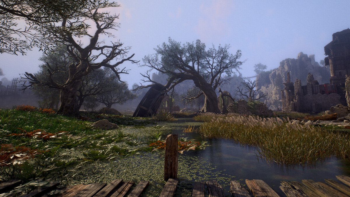 Close crop from an official ArcheAge Chronicles screenshot: a timber bridge over a stream in a forest
