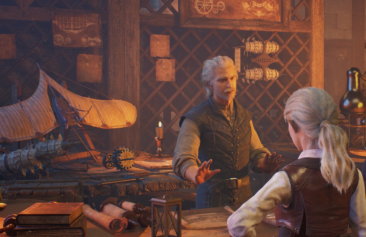 Close crop from an official ArcheAge Chronicles screenshot: three characters around a table in a dim room