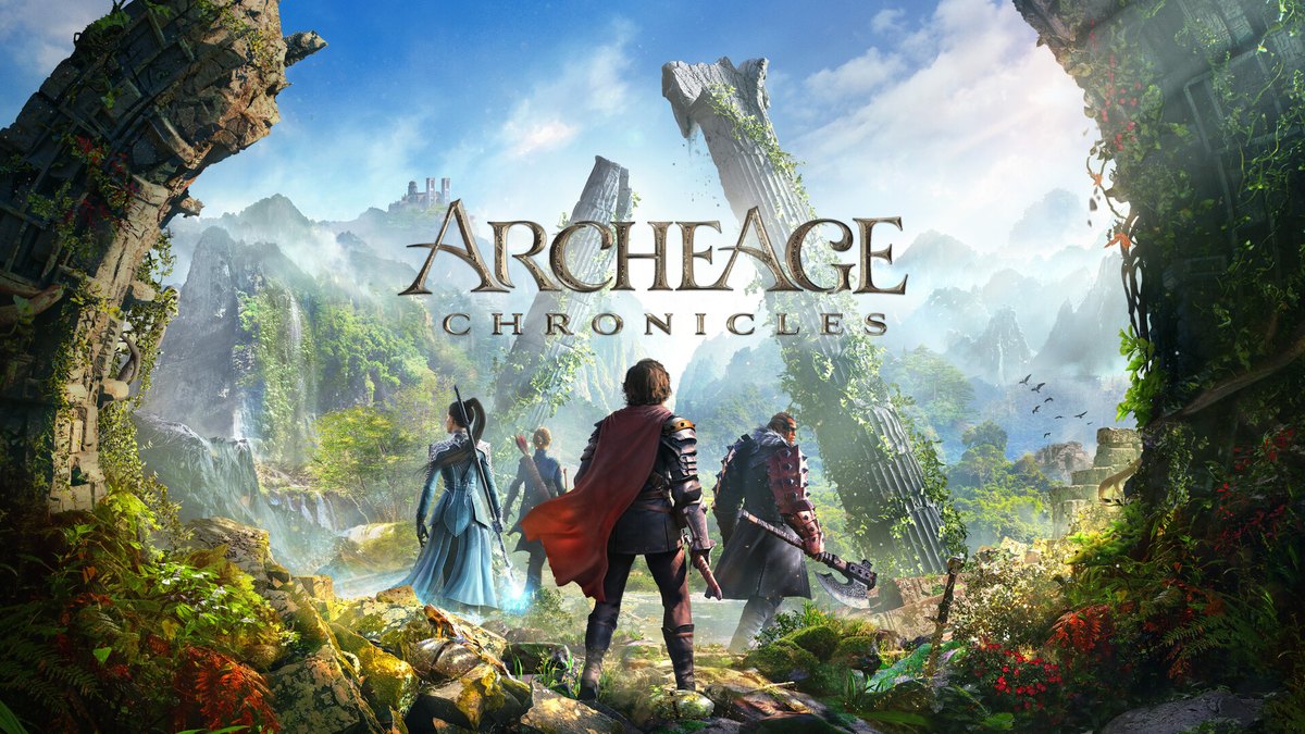 Official ArcheAge Chronicles screenshot: a party of characters on a forested slope with a mountain behind them