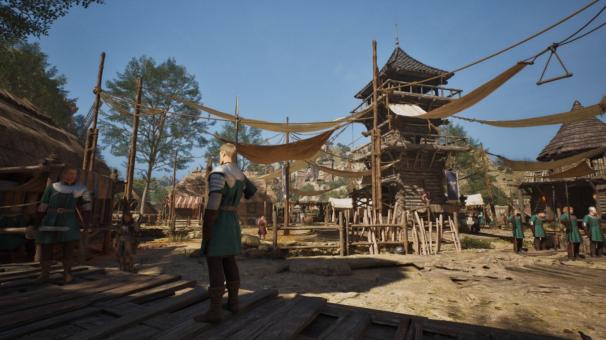 Official ArcheAge Chronicles screenshot: a frontier settlement of timber walkways and watchtowers