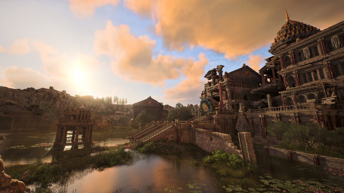 Official ArcheAge Chronicles screenshot: an ornate building above a still pond