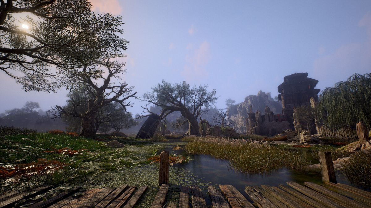 Official ArcheAge Chronicles screenshot: a rope bridge over a stream in a ruin-strewn valley