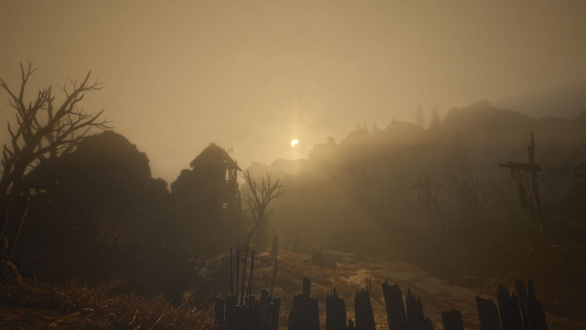 Official ArcheAge Chronicles screenshot: ruins on a dead plain at sunset