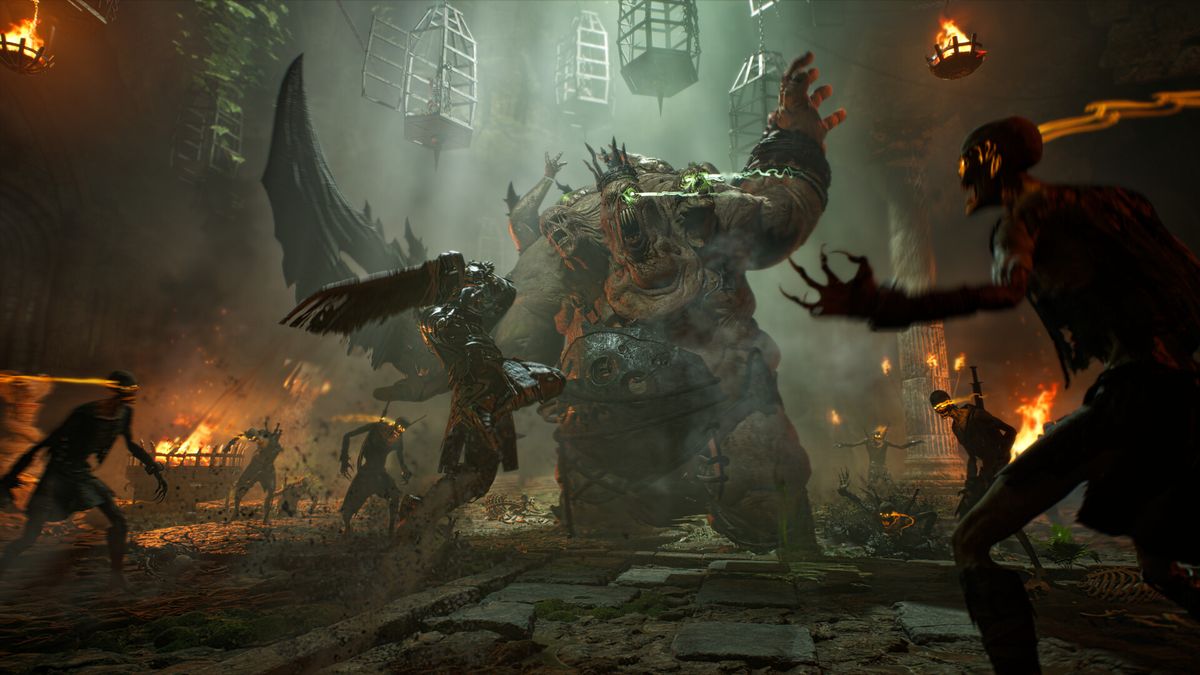 Official ArcheAge Chronicles screenshot: a heavy weapon fight inside a stone hall